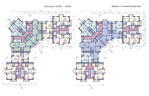 Многоэтажный жилой дом: вверху — чертежи фасадов и поэтажные планы (КОМПАС-График), внизу — фотореалистичное изображение (ARC+)