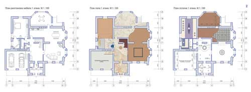 Частный жилой дом: слева — чертежи фасадов, поэтажные планы и развертки интерьеров (КОМПАС-График), справа — фотореалистичное изображение (ARC+)