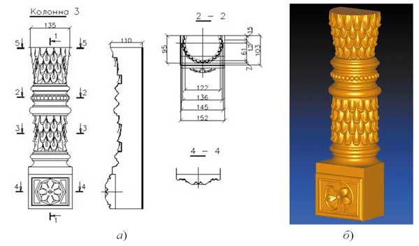 Рис. 2. Фрагмент «колонна»: электронный чертеж и 3D-модель в системе PowerSHAPE
