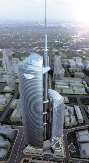 Вместе с антенной импозантное строение будет иметь общую высоту 450 м. Предыдущий рекорд высоты, принадлежавший башне «Коммерц-Банка» во Франкфурте-на-Майне, побит на целых 140 м