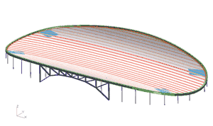 Рис. 1. Общий вид модели конструкции покрытия и распределение толщин в элементах мембран
