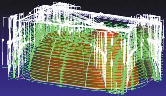 Рис. 4. Изображение траектории, инструмента и обработанной детали в редакторе системы ГеММа-3D