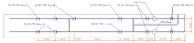 Проекция с осевыми линиями трубопроводов и автоматически проставленными размерами и выносками