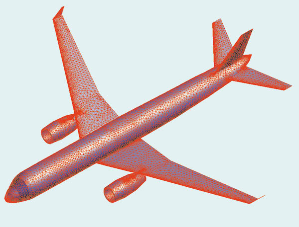 Рис. 4. Математическая модель пассажирского самолета с поверхностной расчетной сеткой