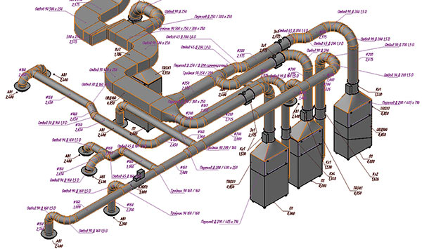 Модель вентиляционной системы используется в качестве монтажной схемы