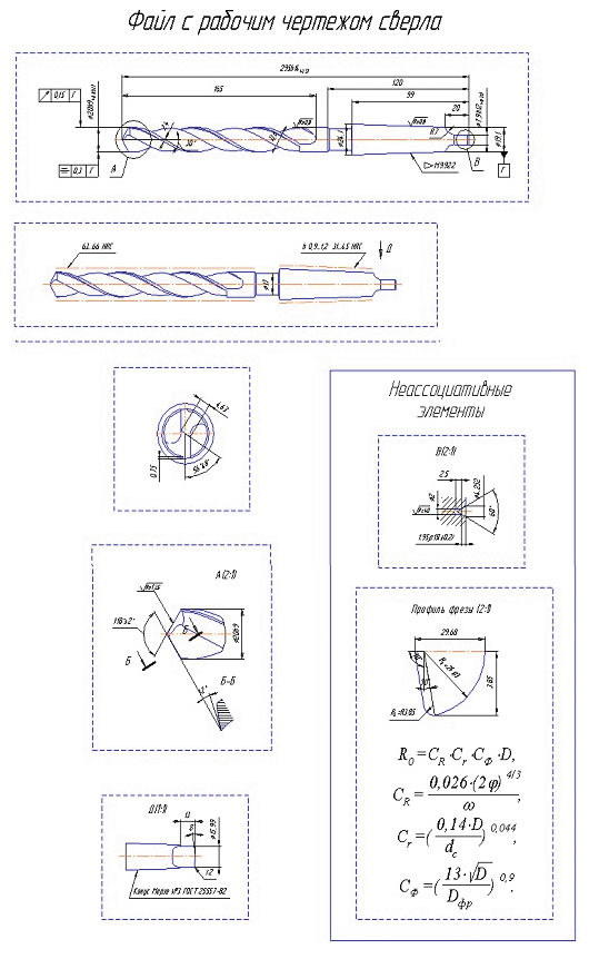 Рис. 6. Элементы рабочего чертежа спирального сверла