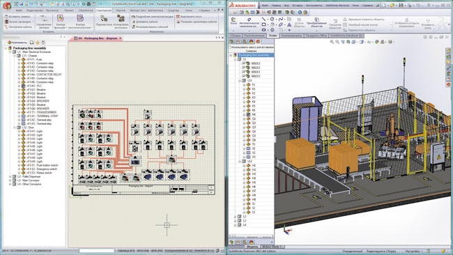 Рис. 4. Отображение документов проекта и состава изделия в SolidWorks Electrical-слева и SolidWorks-справа