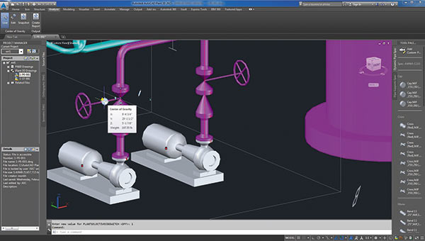 Рис. 9. Новый функционал Центр тяжести для AutoCAD Plant 3D 2015 помогает определить и редактировать центр тяжести в моделях трубопроводных узлов, оборудования и компонентов