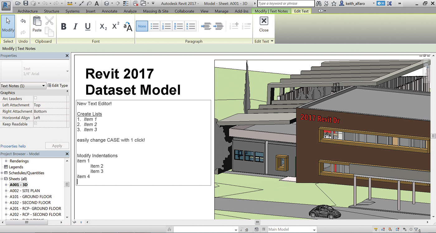 Revit 2017 помогает задокументировать детали проекта более эффективно благодаря новому текстовому редактору WYSIWYG и новым возможностям размещения текста, 