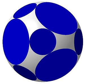 Рис. 2. Аналог кубооктаэдра:
•	14 граней (6 больших, 8 малых), 12 сферических участков;
•	двугранный угол между большой и малой гранями ≈ 125,26°;
•	отношение радиуса большой грани к радиусу сферы ≈ 0,58;
•	отношение радиуса малой грани к радиусу сферы ≈ 0,33