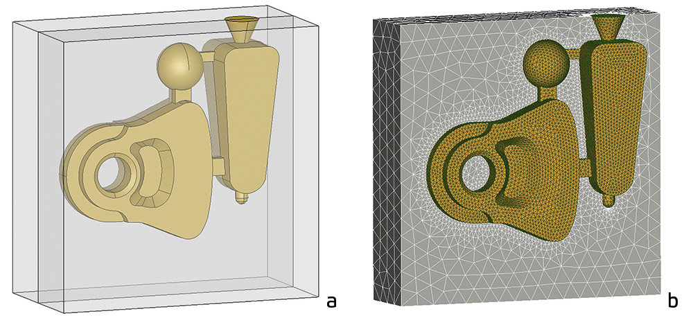 Рис. 1. Отливка «Молоток»: а — 3D-модель литейного блока в песчаной форме, построенная в CAD; б — конечно-элементная модель, используемая в PoligonSoft