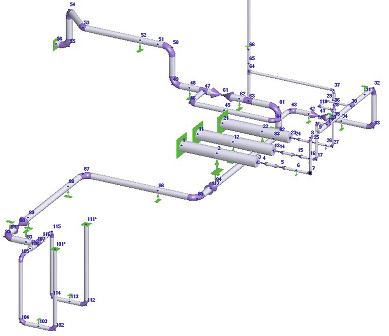 Рис. 1. Фрагмент расфной модели трубопровода в программе Старт-Проф