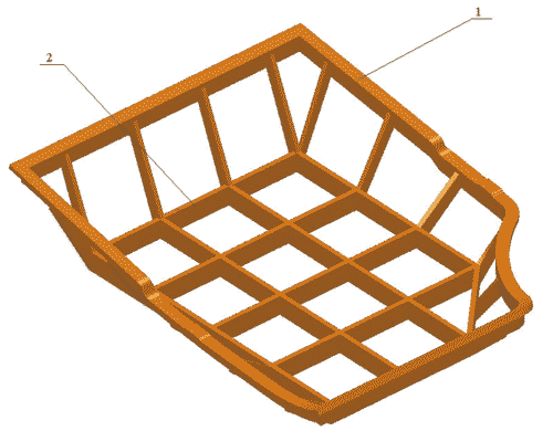 Рис. 6. Математическая модель стенда для зафланцовки задней двери автомобиля ВАЗ-2131: 1 — ложемент обработанный; 2 — рама в сборе