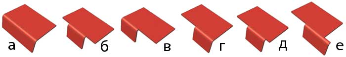 Размещение сгиба: а — по всей длине; б — по центру; в — слева; г — справа; д — два отступа; е — один из отступов отрицательный