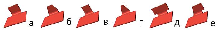 Боковые стороны: а — без обработки; б — уклон; в — угол на сгибе; г — уклон и угол на сгибе; д — расширение сгиба; е — комбинация разных типов