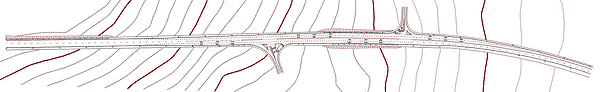 Рис. 1. Цифровая модель проекта дороги: план (а) и чертеж организации движения на ней (б)