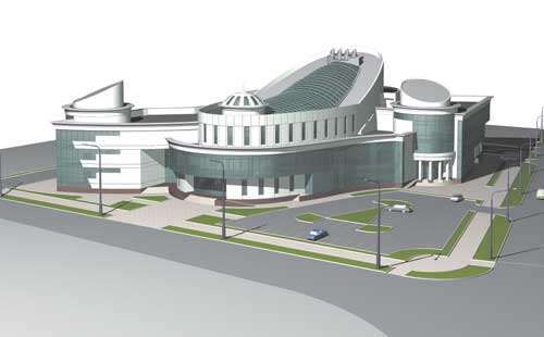 Многофункциональный торгово-досуговый центр: вверху — чертежи фасадов и поэтажные планы (КОМПАС-График); внизу — фотореалистичное изображение (ARC+)