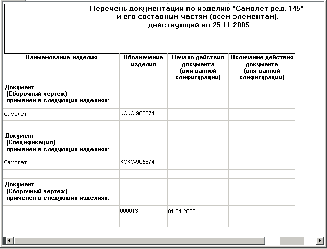 Рис. 6. Пример отчета с перечнем документов по конфигурации