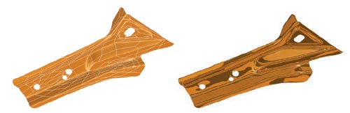 Рис. 4. Полученная модель с изображением каркаса (слева) и закрашенная для анализа гладкости поверхностей методом 