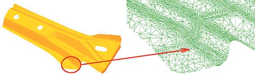 Рис. 5. Триангулированная модель в закрашенном виде (слева) и фрагмент триангулированной модели в каркасном виде
