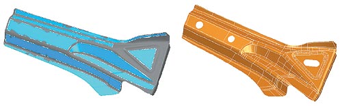 Рис. 6. Основные формообразующие поверхности, построенные по тиангулираванной модели (слева), и доработанная в PowerSHAPE модель