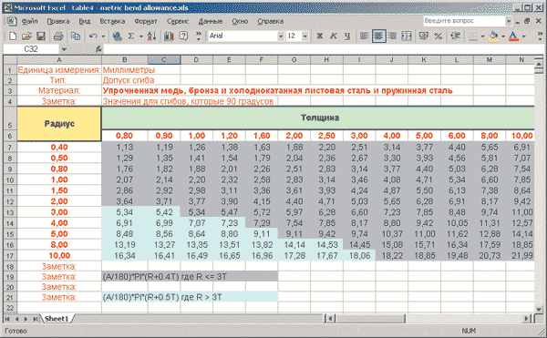 Рис. 12. Таблица сгибов в формате Microsoft Excel 