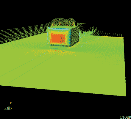 Рис. 5. Картина линий тока и распределения давления по твердым поверхностям (вид спереди)