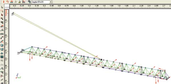 Рис. 3. Расчетная модель стрелы крана КБМ-401П, в которой используются оттяжки типа «канат»
