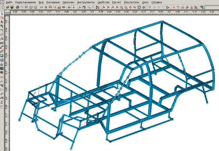 Рис. 3. Один из вариантов стержневой модели каркаса автомобиля «Ковбой» после доработки, выполненный в модуле APM Structure3D