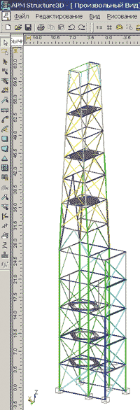 Рис. 1. Твердотельная модель башни установки технологического оборудования реактора замедленного коксования, выполненная в редакторе модуля APM Structure3D