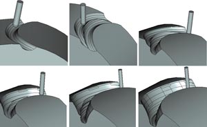 Рис. 8. Трехмерные модели впадин между зубьями при нарезании фрезами разного диаметра после черновой обработки эвольвентных участков боковых поверхностей