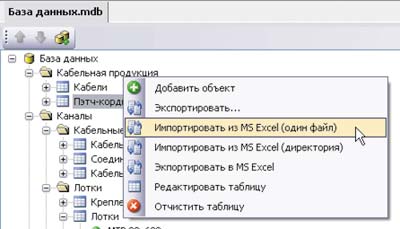 Рис. 2. Команды контекстного меню для импорта и экспорта в MS Excel
