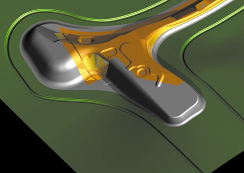 Вытяжной штамп ударного действия состоит из поверхностей различного назначения: формообразующие (показаны желтым цветом), прилегающие технологические поверхности (серый цвет) и поверхность разъема (зеленый цвет)