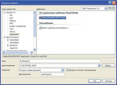 Рис. 25. Окно создания проекта Visual C++ под AutoCAD 2010 в русской версии Visual Studio 2008