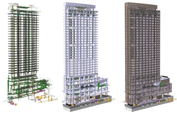 Рис. 2. Информационная модель отеля «Восток» в Гонконге. Показано последовательное совмещение схемы установки оборудования, 
несущего каркаса и части перегородок здания 
(при участии фирмы Gehry Technologies, 2004)