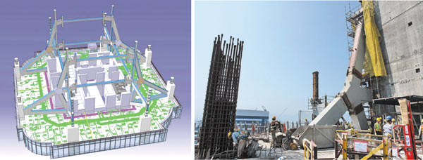 Рис. 5. Строительство небоскреба «Восточная башня» в Гонконге. Возведение здания по компьютерной модели (при участии фирмы Gehry Technologies, 2005)