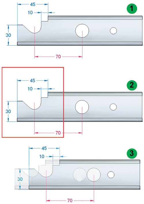 Рис. 8. Процесс редактирования в системе Solid Edge с синхронной технологией является быстрым и гибким благодаря функциям выделения рамкой и растягивания. Этап 1 — открываем деталь сборки, этап 2 — при помощи 2D-рамки охватываем набор 3D-деталей и геометрии, этап 3 — путем перетаскивания мышью либо редактирования размеров перемещаем геометрию на ключевые точки