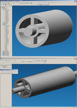 Рис. 14. Пример модели формного цилиндра и КЭ-сетки в модуле APM Studio