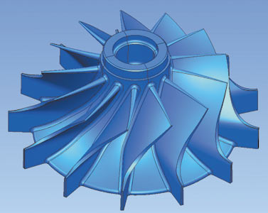 Рис. 2. Трехмерные модели: а — 3D-модель вала; б — 3D-модель колеса турбины осевого типа; в — 3D -модель колеса турбины радиального типа