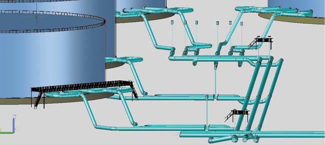 Система трубопроводов нефтетерминала, выполненная в Model Studio CS Трубопроводы