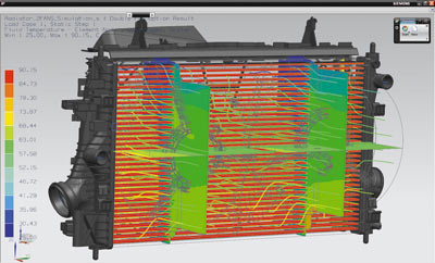 При помощи трех секущих плоскостей в NX оптимизируется воздушный поток в радиаторе с двумя вентиляторами