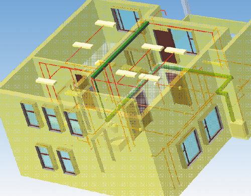 Рис. 7. Трехмерная модель здания с элементами системы электроснабжения