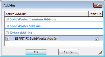 Рис. 2. ESPRIT FX устанавливается прямо в CAD-систему (здесь продемонстрирован менеджер дополнительных приложений SolidWorks)