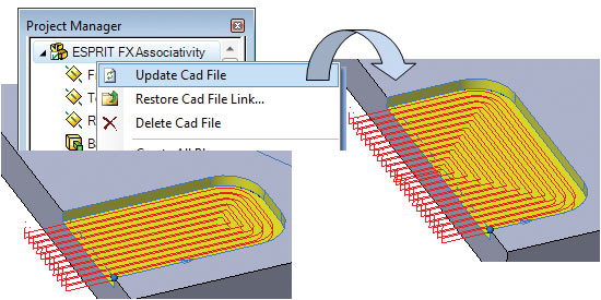 Рис. 7. Автоматический пересчет траектории в ESPRIT при изменении размеров элемента в CAD-системе 