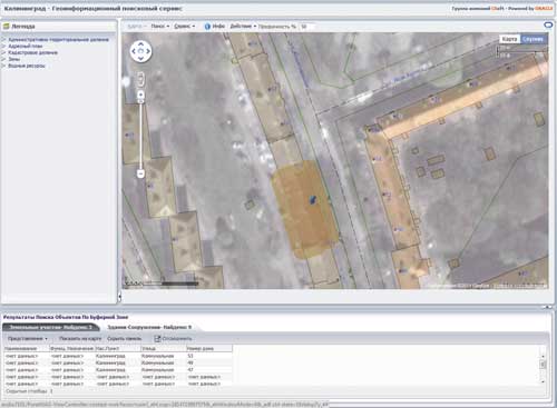 Рис. 5. Визуализация результатов поиска по буферной зоне совместно с материалами Google Maps