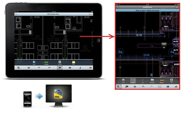 Рис. 10. Диалоговое окно c чертежом  AutoCAD 2012  в среде приложения AutoCAD WS 1.2 (экран iPad)