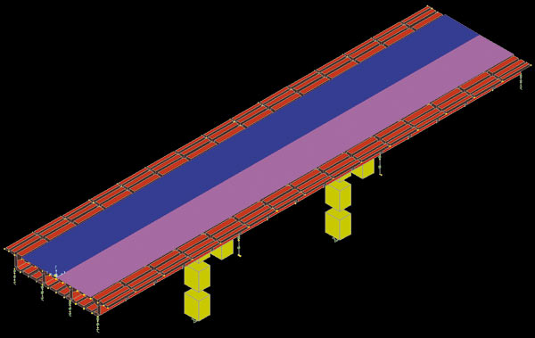 Рис. 4. Схема 2: 3D-модель моста с показом границ конструктивных элементов и проезжей части