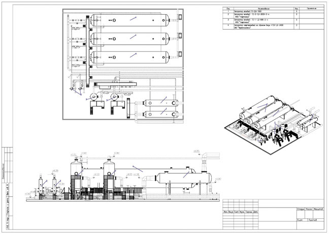 Рис. 6. Оформленный лист, автоматически полученный средствами Model Studio CS: план, фронтальный вид, изометрический вид, экспликация оборудования
