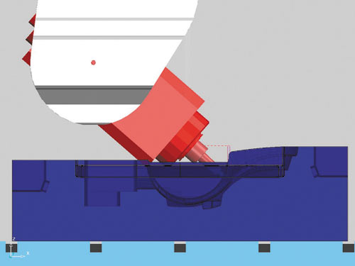 Рис. 11. В процессе 3D-симуляции обработки на компьютере соприкасающиеся элементы станка закрашиваются красным цветом, что облегчает устранение причины столкновения