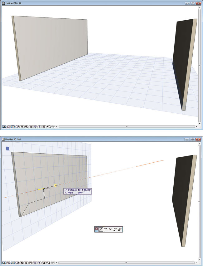 Рис. 8. 3D-плоскость редактирования автоматически совмещается с поверхностью, где создается контур оболочки. Начало координат устанавливается в вершину поверхности, а для более точного создания контура используется привязка